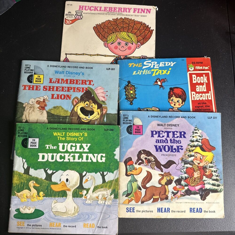 Disney Record And Book Vinyl Children’s Books Set. Lot of 5 Vintage